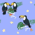 Cute cartoon black toucans seamless pattern on purple background, wild tropical birds with leaves and flowers, editable vector Royalty Free Stock Photo